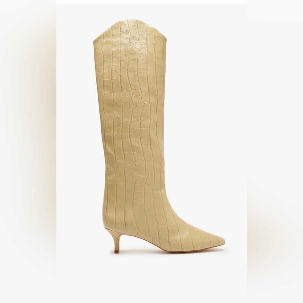 Embossed leather kitten heel knee-high boots